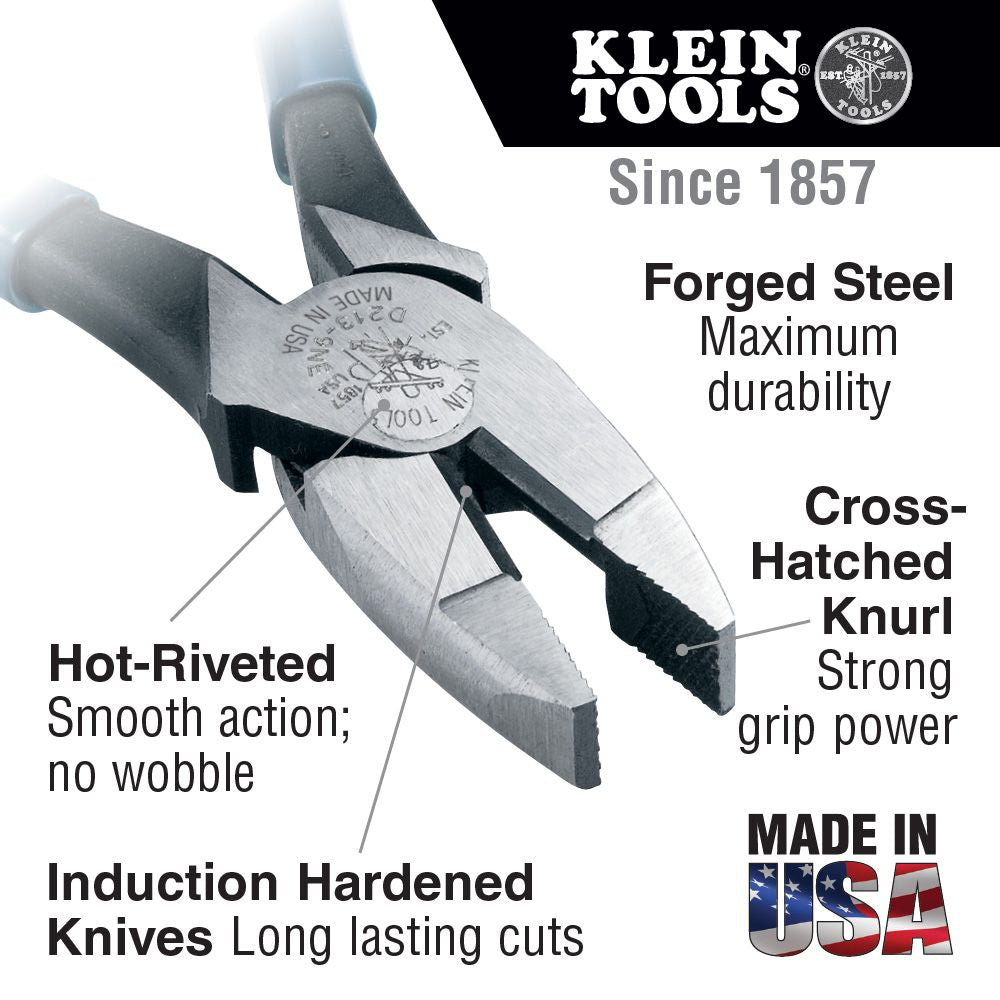 Klein Tools HD2000-9NE, Heavy-Duty Lineman’s Pliers, Thicker-Dipped Handle