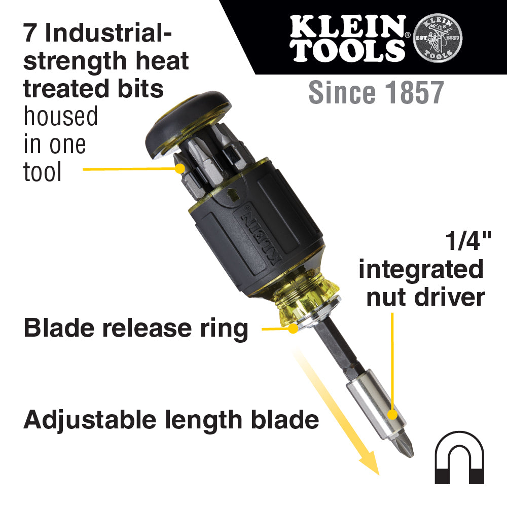 Klein Tools 32308, 8-in-1 Multi-Bit Adjustable Length Stubby Screwdriver