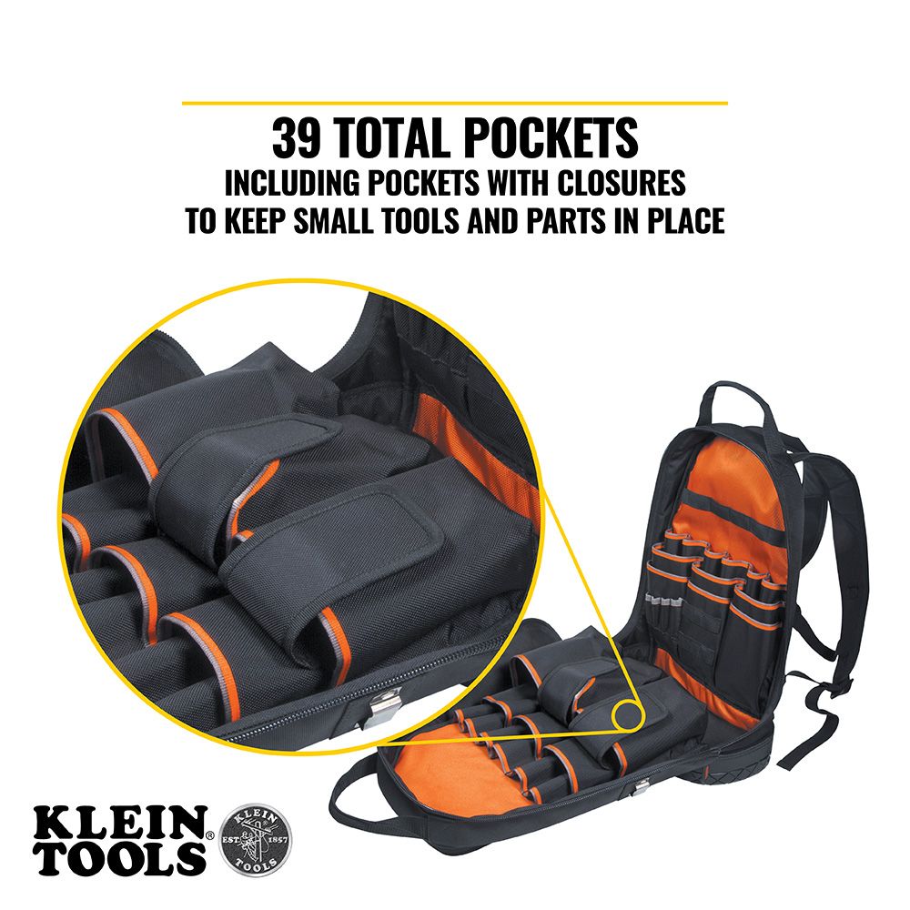 Klein Tools 55421BP-14, Tradesman Pro™ Tool Bag Backpack, 39 Pockets, Black, 14-Inch