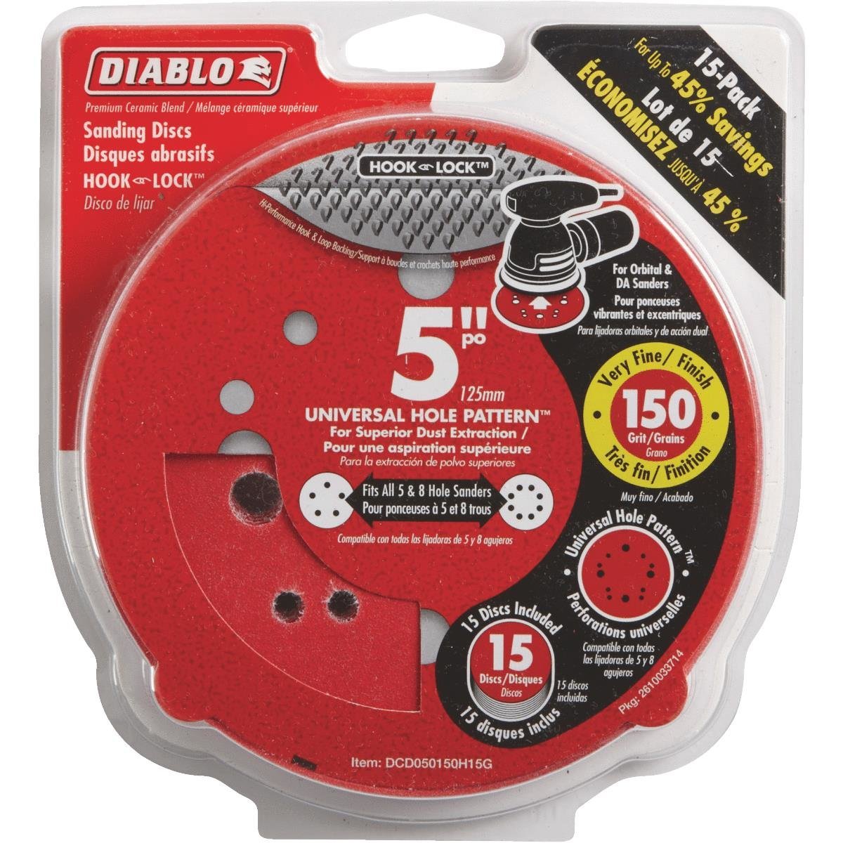 Diablo DCD050150H15G, 5" Sanding Disc Hook and Lock 150 grit (15/pkg)