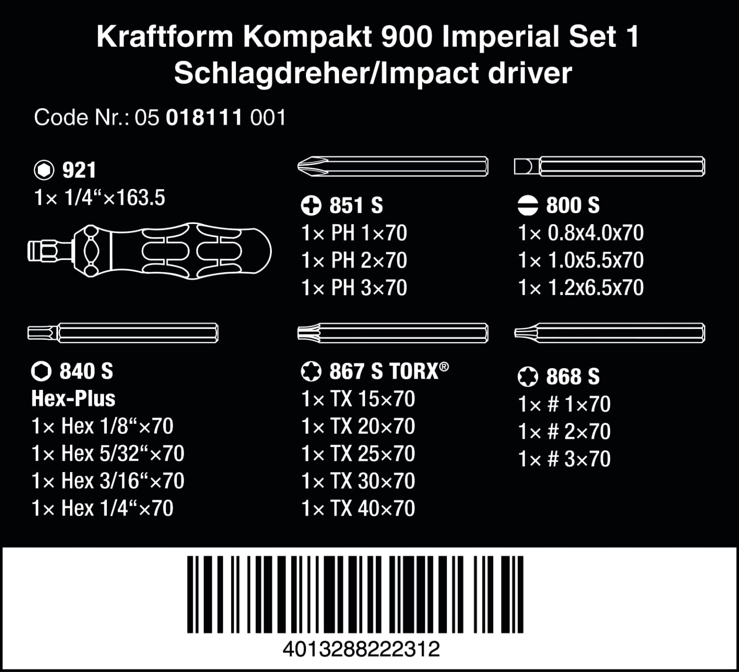 Wera 05018111001, KRAFTFORM KOMPAKT 900 IMPERIAL SET 1, 19 PIECES