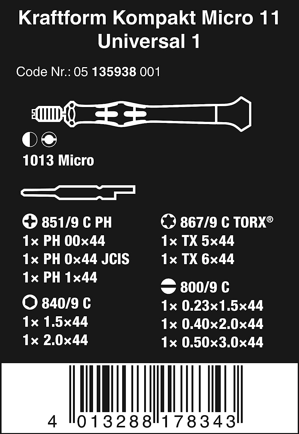 Wera 05135938001, KRAFTFORM KOMPAKT MICRO/11 BIT SET WITH  HANDLE AND INTER-CHANGEABLE BLADES