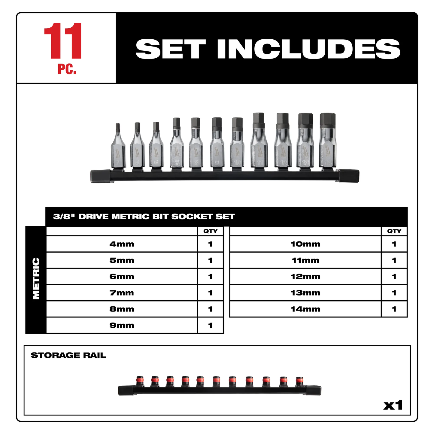 Milwaukee 48-22-9543, 11pc 3/8" Drive Hex Bit Socket Set - Metric