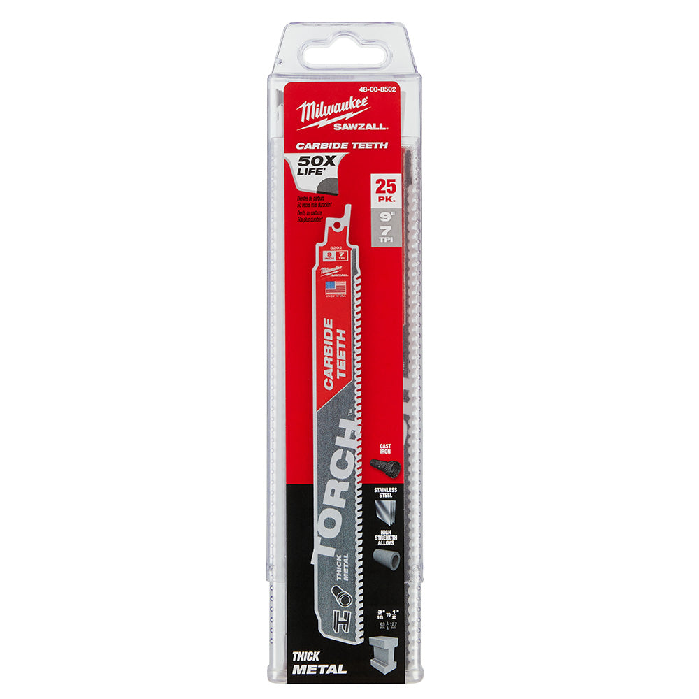 Milwaukee 48-00-8502, 9" 7TPI The TORCH with Carbide Teeth SAWZALL Blade (25/pkg)