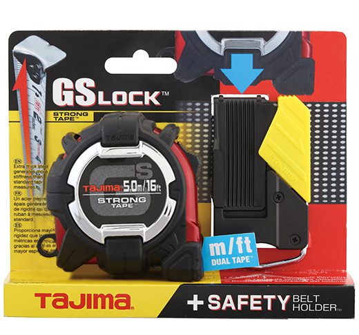 Tajima GSSF-16/5MBW, GS-Lock™, Standard & metric scale 16ft / 5m x 1 in strong tape & hook with Safety belt holder