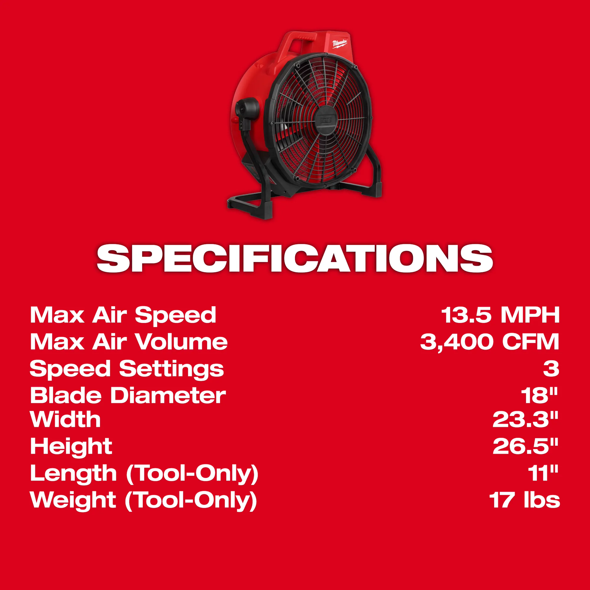 Milwaukee 0821-20, M18™ Brushless 18" Fan