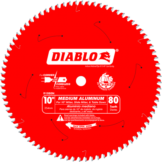 Diablo D1080N, 10" x 80T TCG Non- Ferrous/Plastic Blade