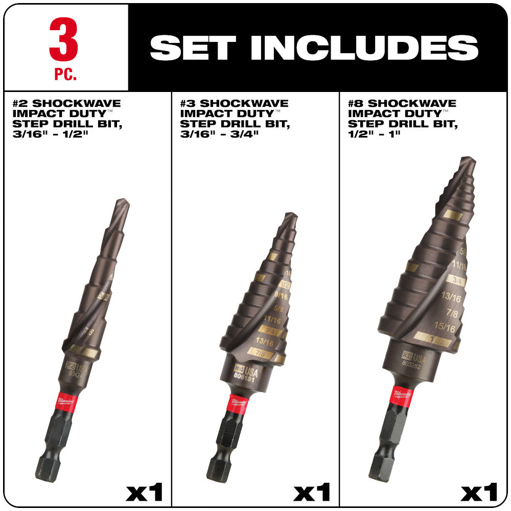 Milwaukee 48-89-9256, SHOCKWAVE Impact Duty Step Drill Bit Mechanical Set (#2, #3, #8)