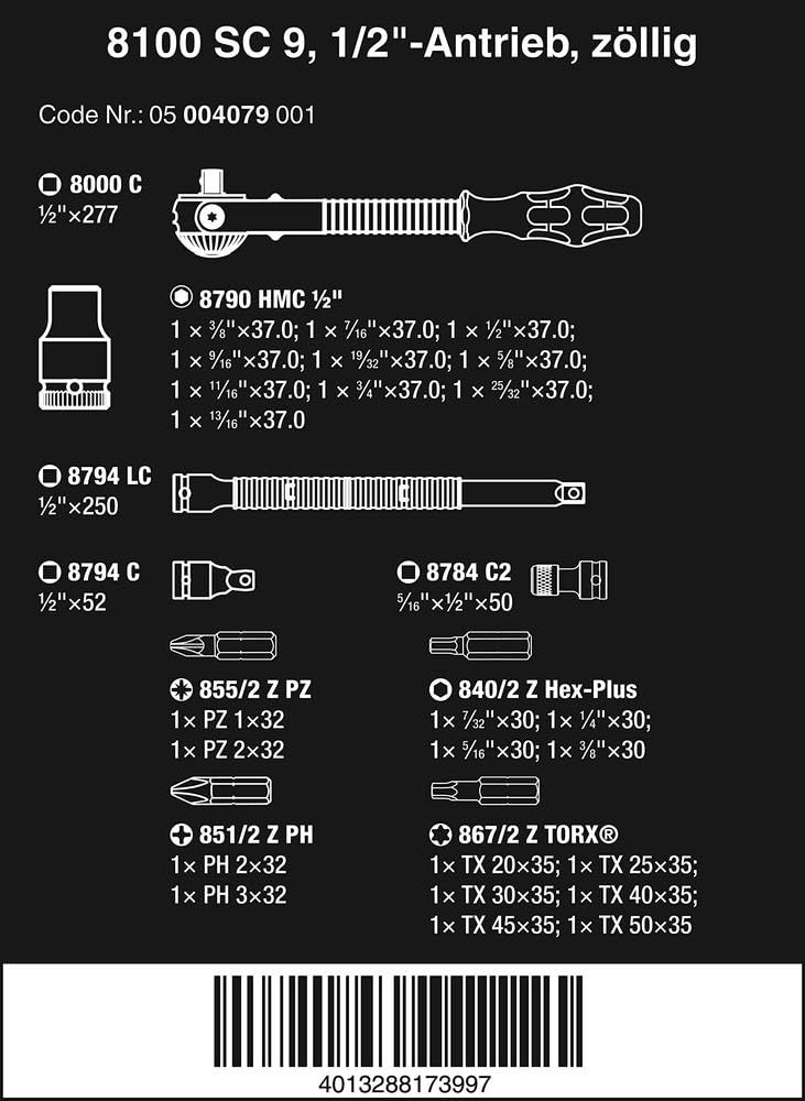 Wera 05004079001, 8100 SC 9 ZYKLOP SPEED RATCHET SET, 1/2" DRIVE, IMPERIAL, 28 PIECES