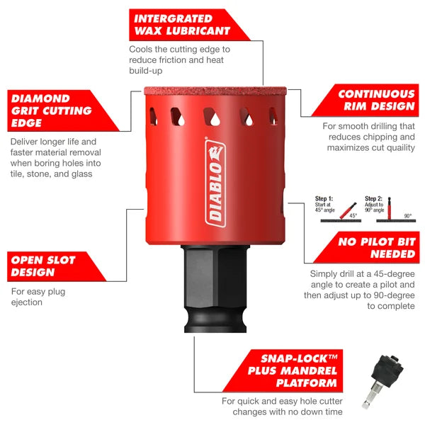 Diablo DHS2500DG, 2-1/2" Diamond Grit Hole Saw for Tile, Stone and Glass