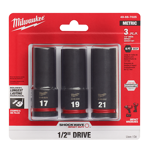 Milwaukee 49-66-7025, 1/2" Drive SHOCKWAVE Impact Duty Metric Deep 6 Point Socket Set - 3 Piece