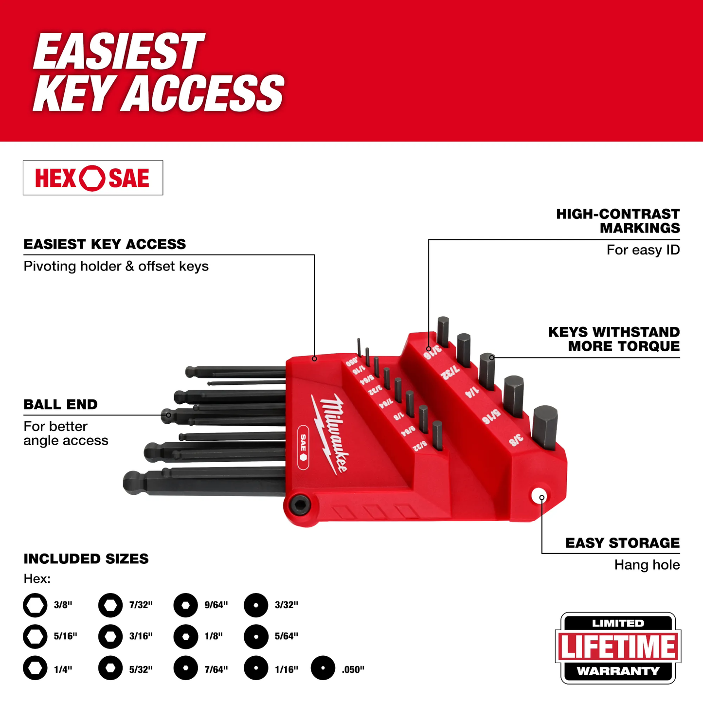 Milwaukee 48-22-2187, 22-Key Ball End L-Key Set - SAE/Metric