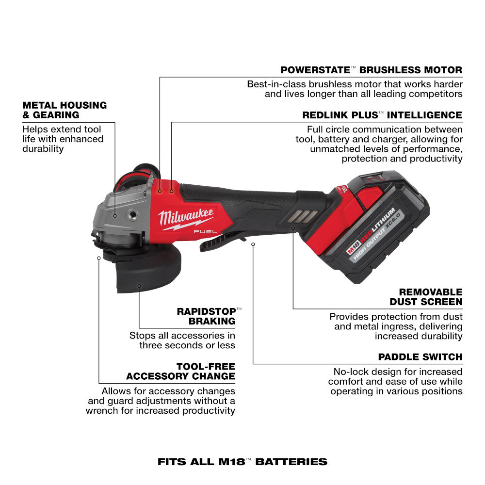 Milwaukee 2880-22, M18 FUEL Brushless Cordless 4-1/2" / 5" Grinder Paddle Switch, No-Lock Kit