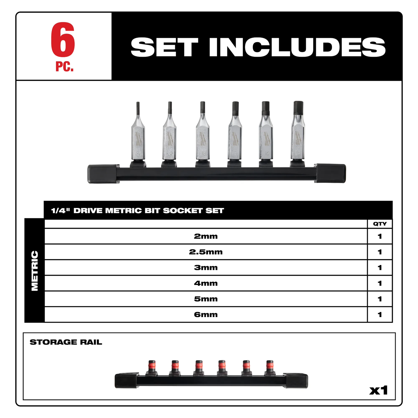 Milwaukee 48-22-9541, 6pc 1/4" Drive Hex Bit Socket Set - Metric
