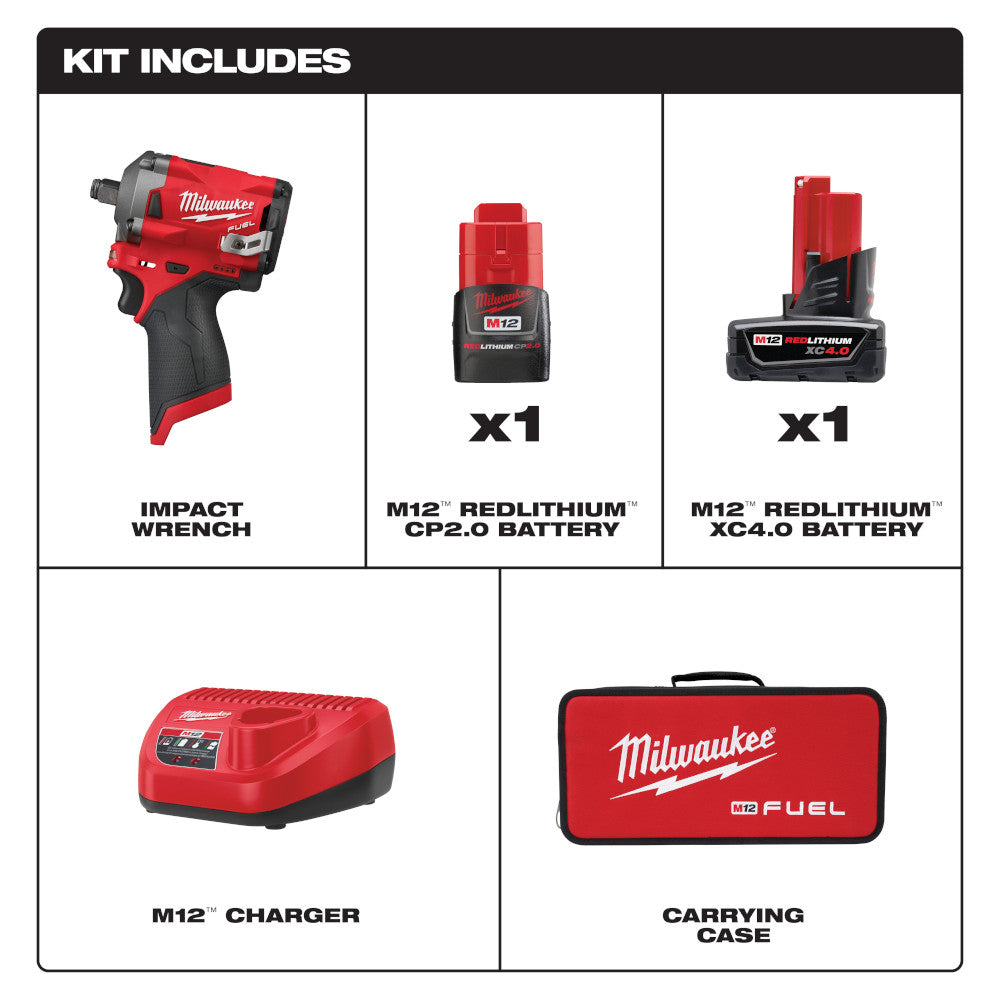 Milwaukee 2555-22, M12 FUEL 1/2" Stubby Impact Wrench Kit