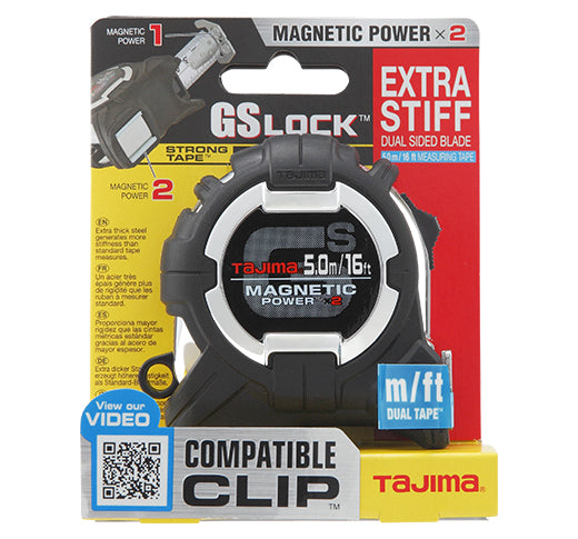 Tajima GS-SC16/5MBW, GS-LOCK, 16ft/5m x 1in strong tape & MAGNETIC POWER x 2 with COMPATIBLE CLIP