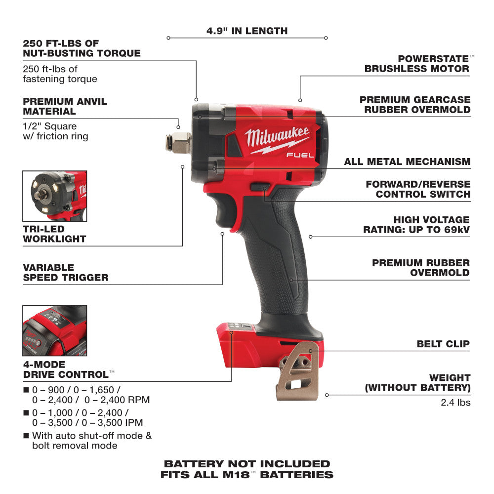Milwaukee 2855-20, M18 FUEL 1/2" Compact Impact Wrench w/ Friction Ring (Tool Only)