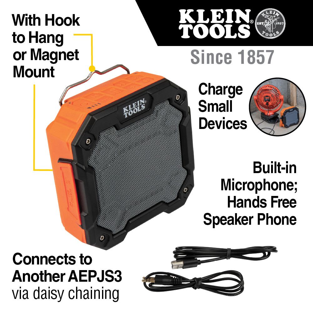 Klein Tools AEPJS3, Bluetooth® Jobsite Speaker with Magnet and Hook