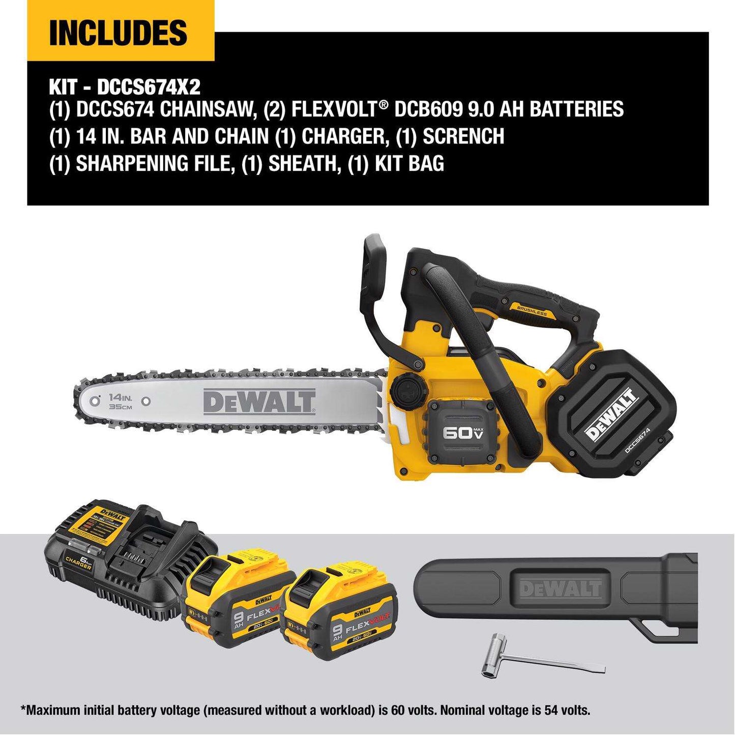 DEWALT DCCS674X2-CA, 60V Max Top Handle 14" Chainsaw Kit