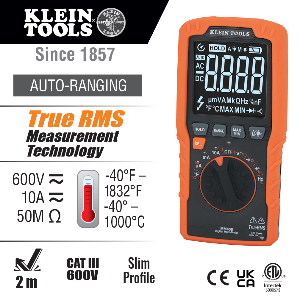 Klein Tools MM450, Slim Digital Multimeter, TRMS Auto-Ranging, 600V, Temp