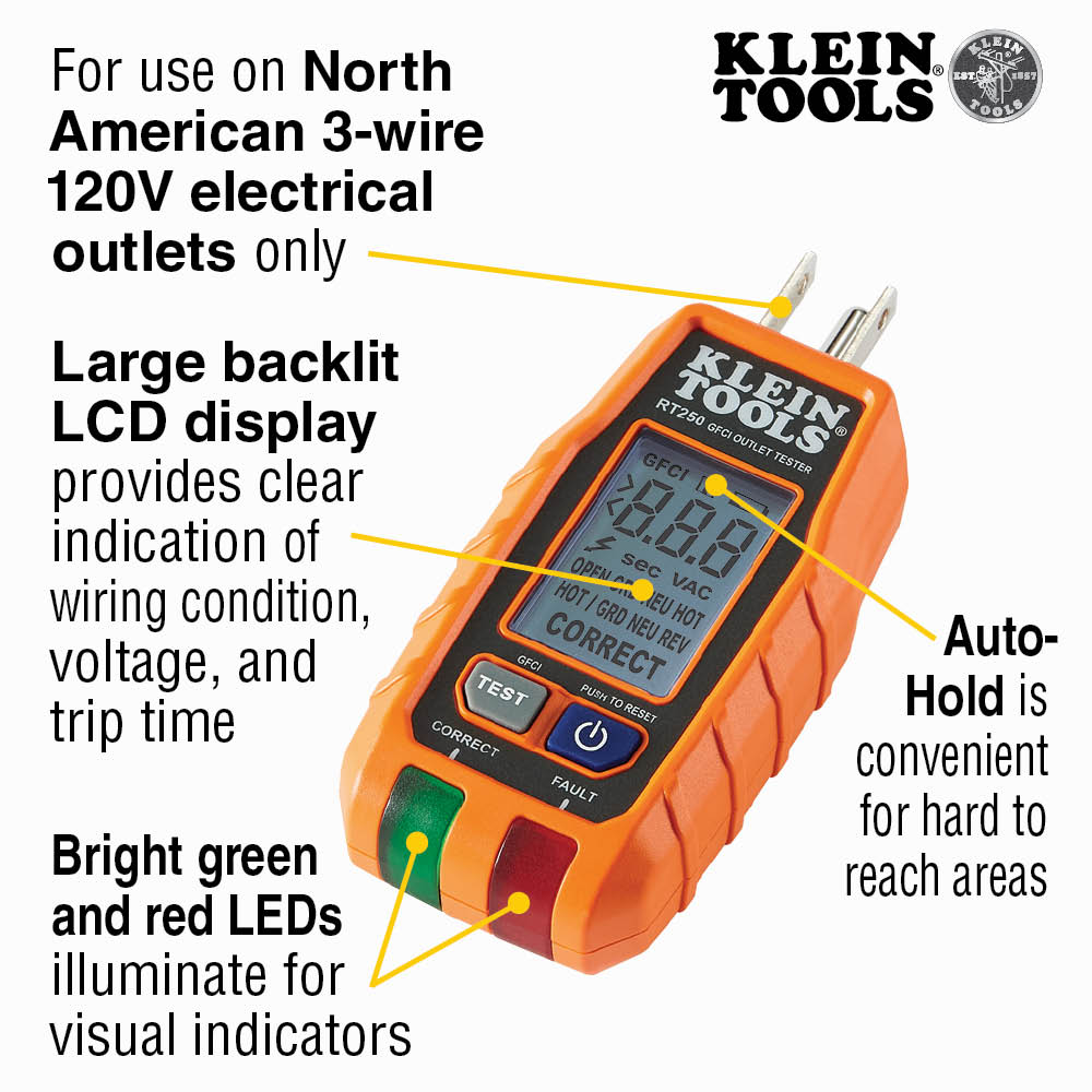 Klein Tools RT250, GFCI Receptacle Tester with LCD