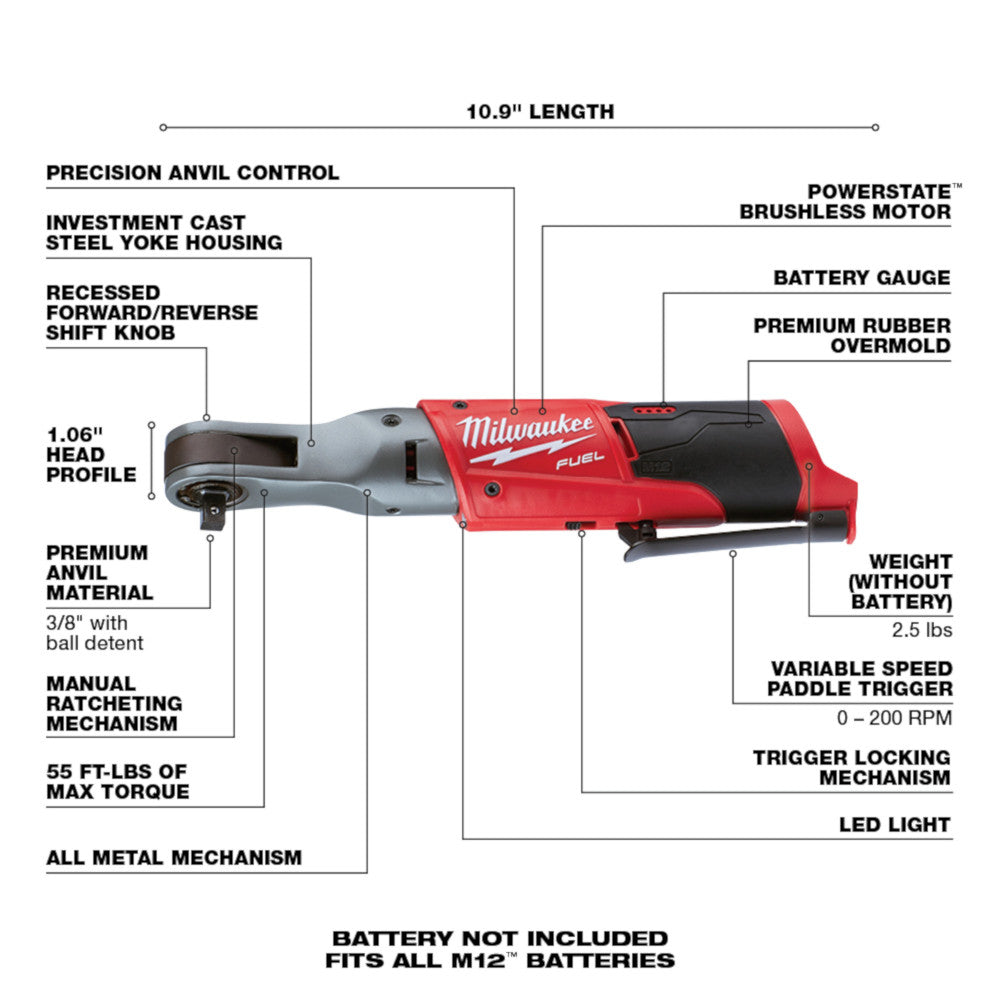 Milwaukee 2557-20, M12 FUEL 3/8" Ratchet (Tool Only)