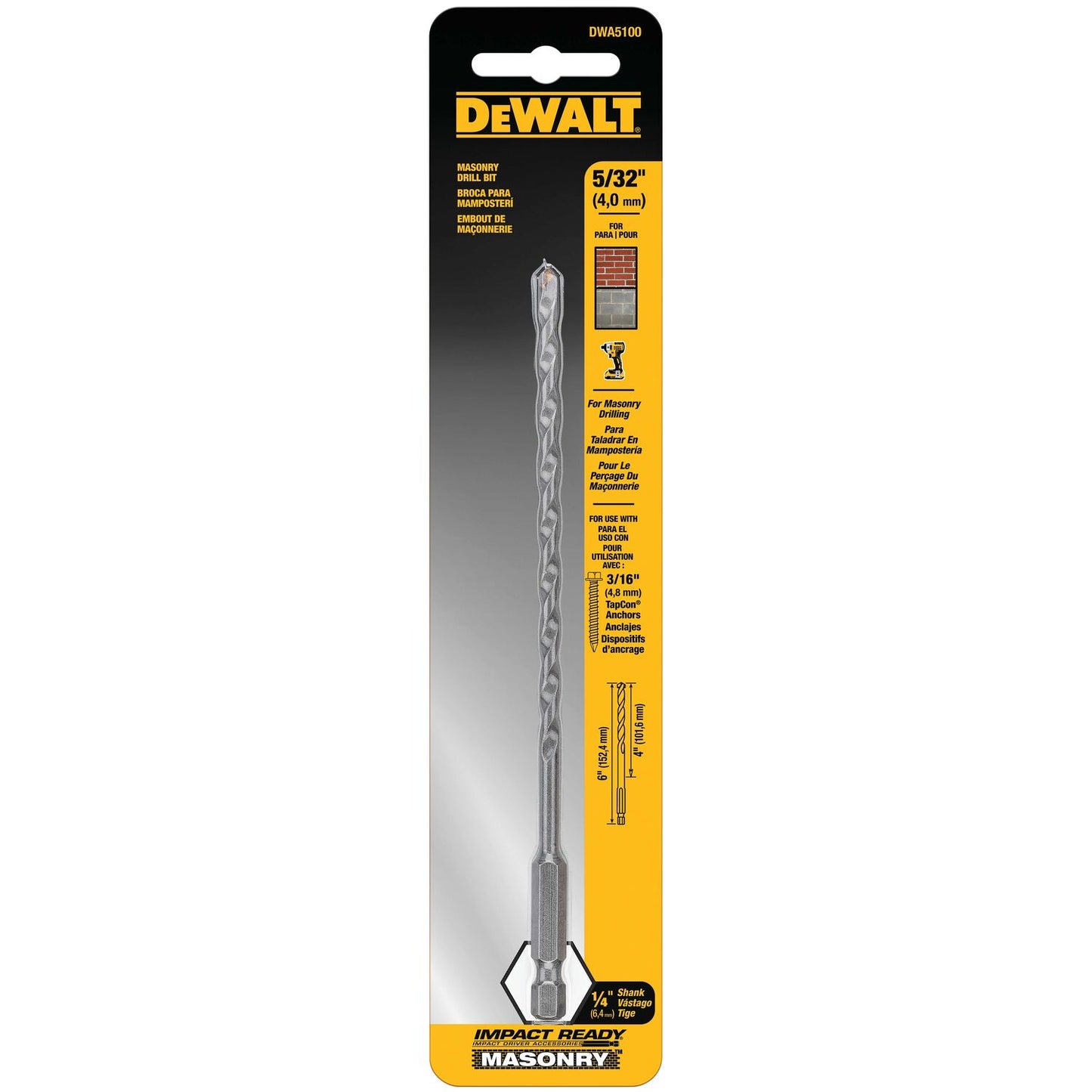 DEWALT DWA5100, Impact Ready Masonry Bit 5/32 x 4 x 6