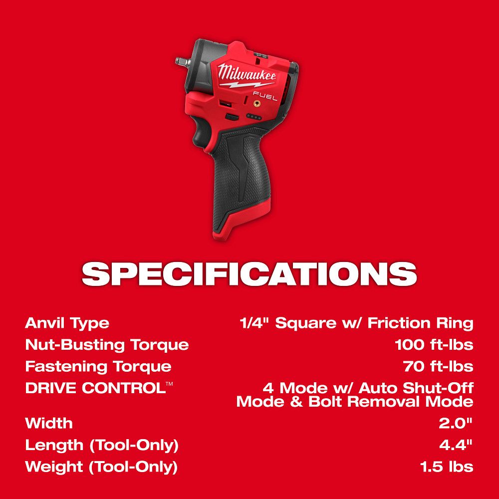 Milwaukee 3048-20, M12 FUEL™ 1/4" Subcompact Impact Wrench w/ Friction Ring