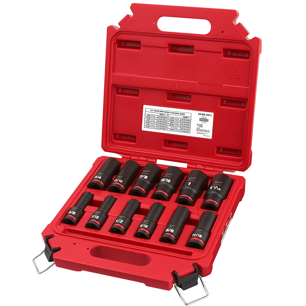 Milwaukee 49-66-7011, 1/2" Drive SHOCKWAVE Impact Duty SAE Deep 6 Point Socket Set - 12 Piece