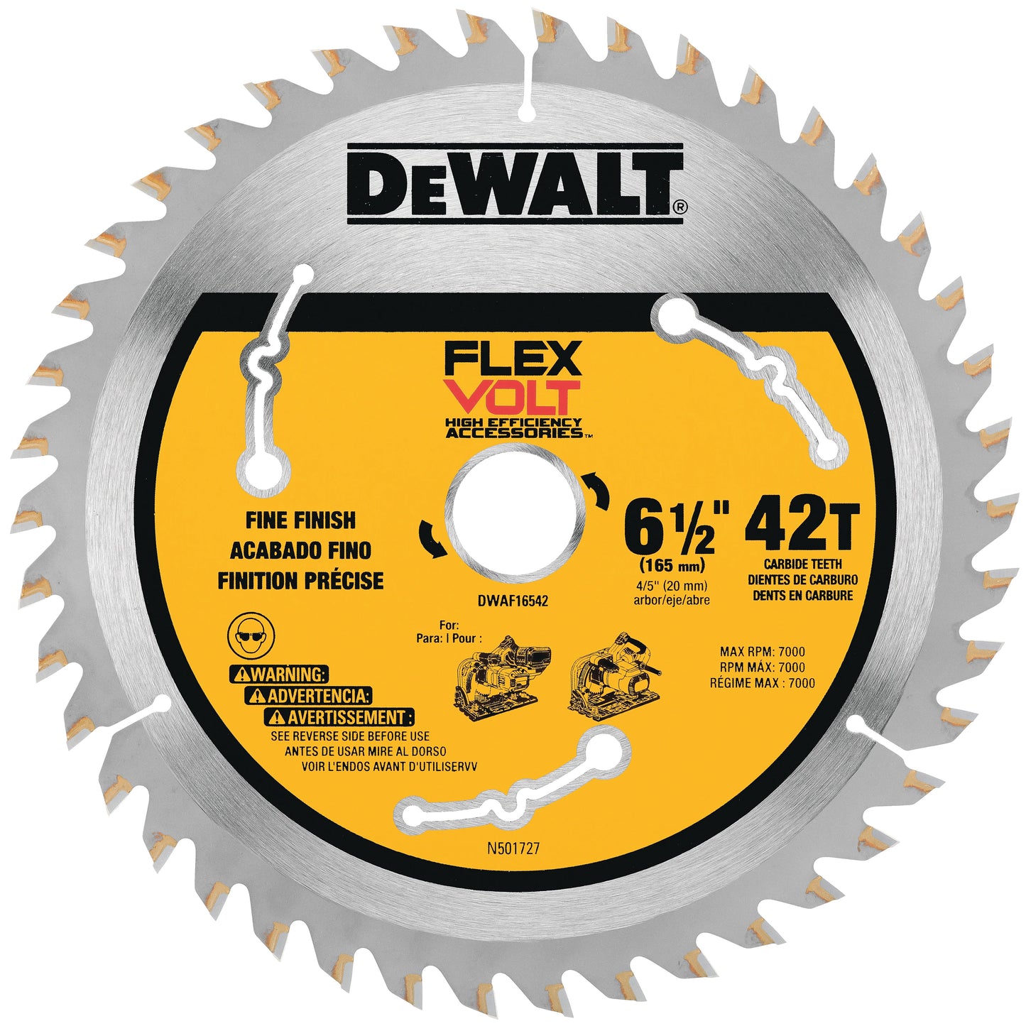 DEWALT DWAF16542, FLEXVOLT Track Saw Blade 6-1/2'' 42 Teeth 5/8'' Arbor