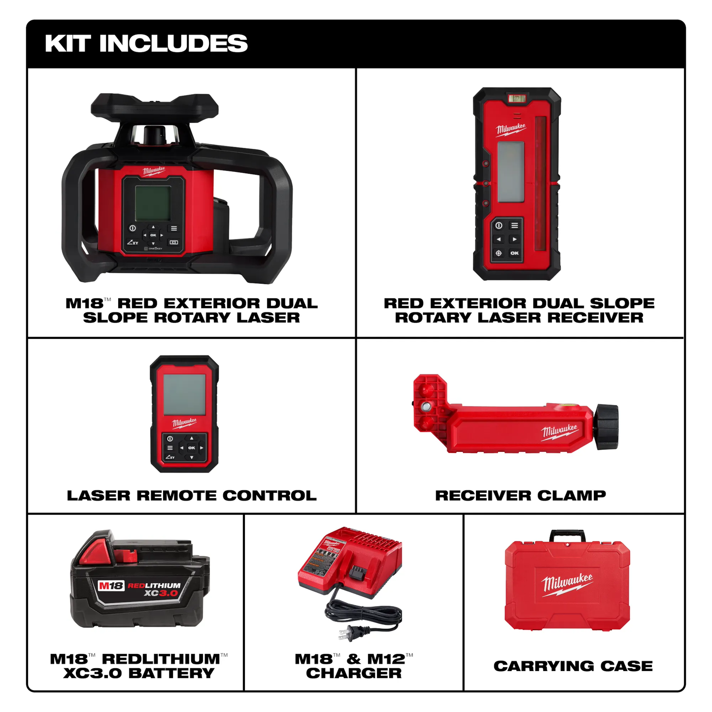 Milwaukee 3704-21, M18™ Red Exterior Dual Slope Rotary Laser Level Kit w/ Receiver & Remote