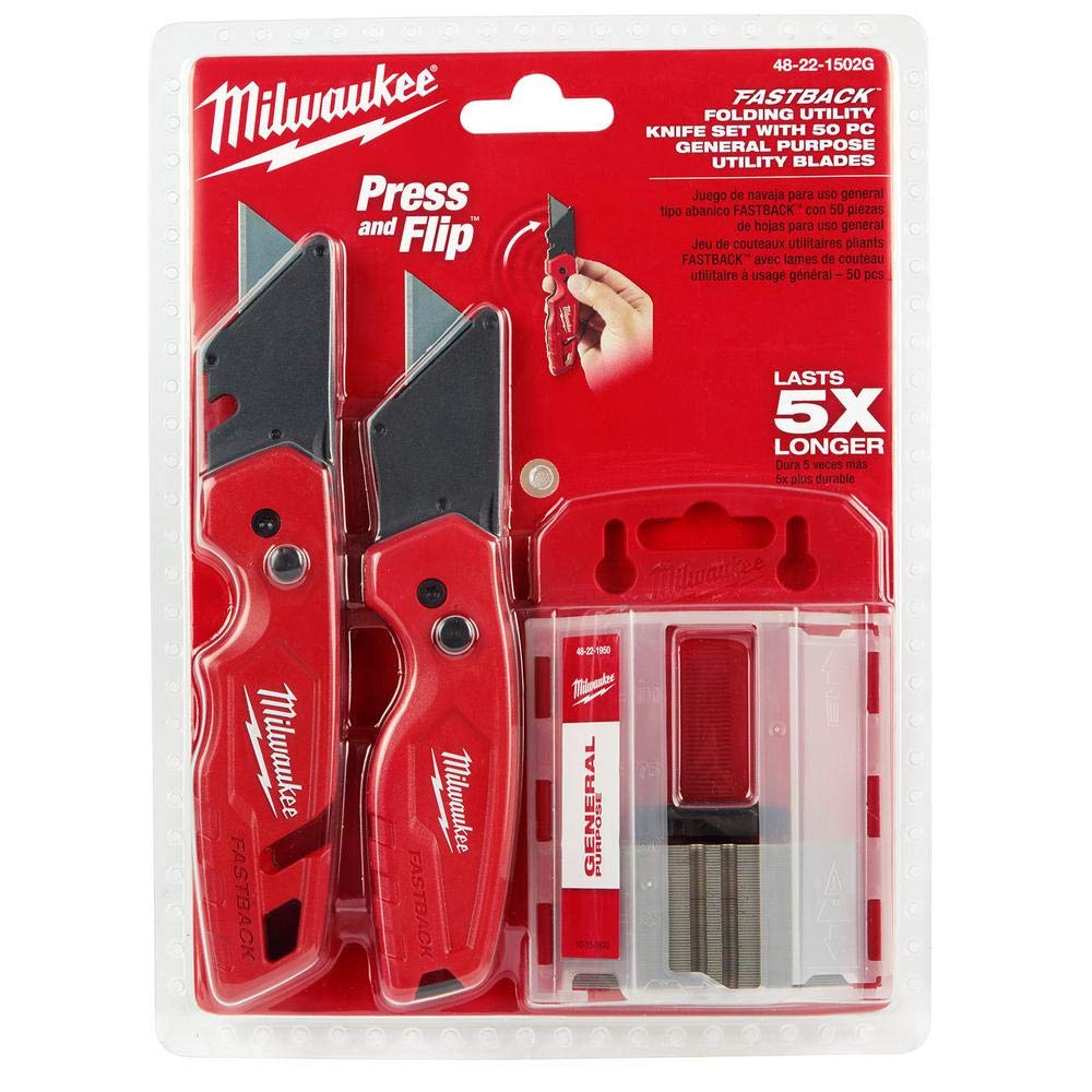 Milwaukee 48-22-1502G, FASTBACK Folding Utility Knife Set (2-Pack) with 50 Blades Included