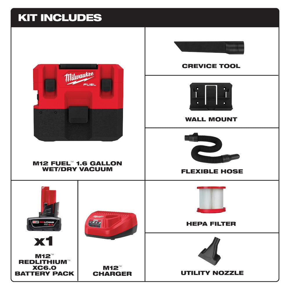 Milwaukee 0960-20, M12 FUEL 1.6 Gallon Wet/Dry Vacuum (Tool Only)
