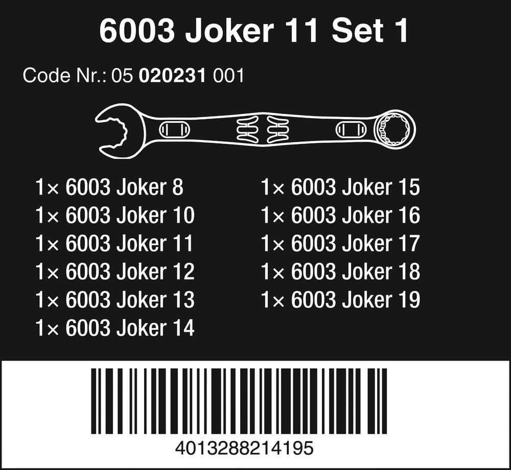 Wera 05020231001, 6003 JOKER 11 SET 1 COMBINATION WRENCH SET, 11 PIECES