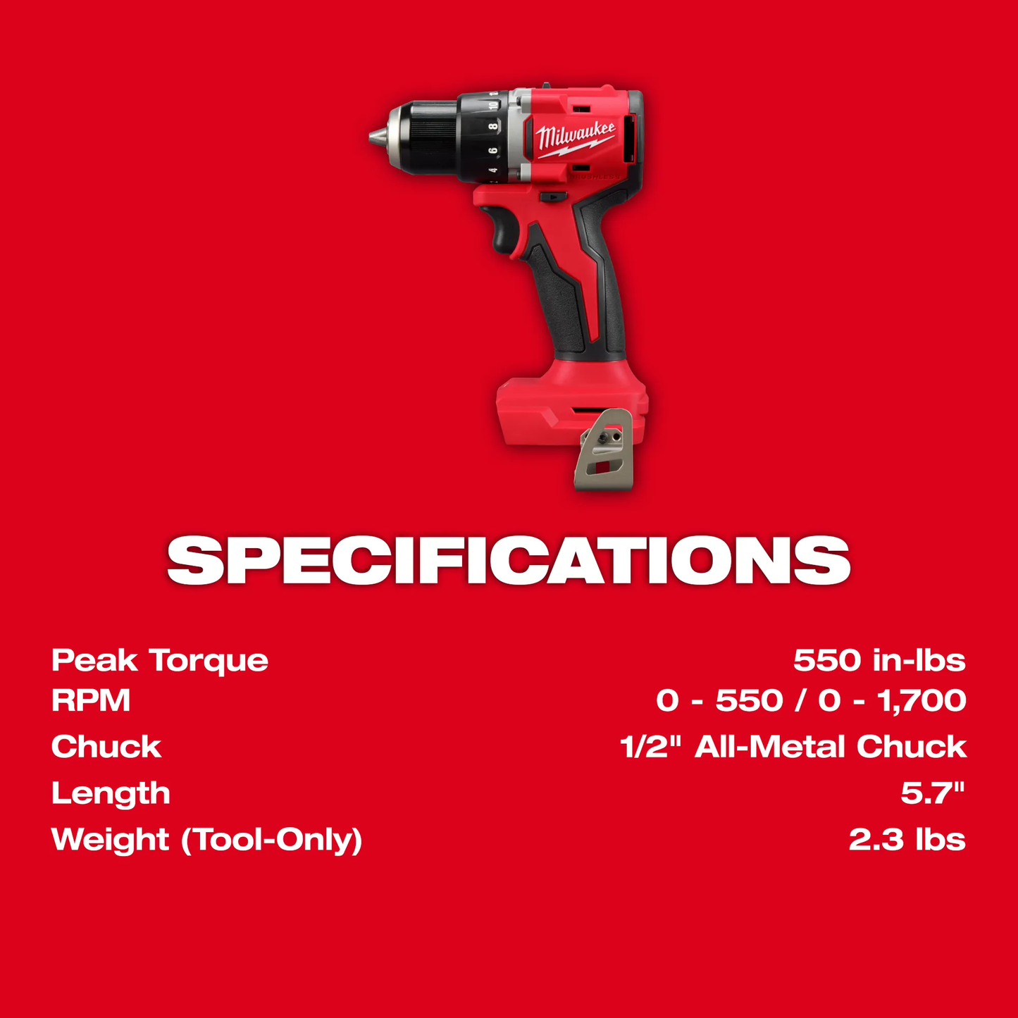 Milwaukee 3601-20, M18™ Compact Brushless 1/2" Drill/ Driver