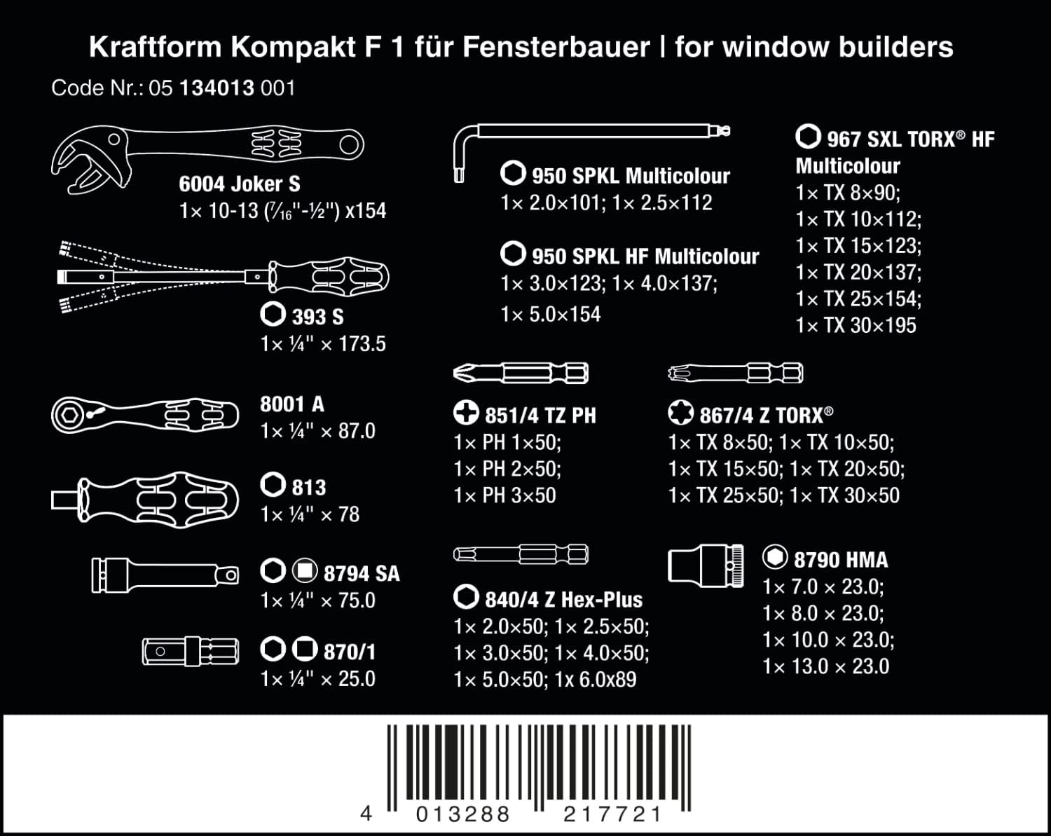 Wera 05134013001, KRAFTFORM KOMPAKT F 1 SCREWING TOOL SET FOR  WINDOW MANUFACTURERS