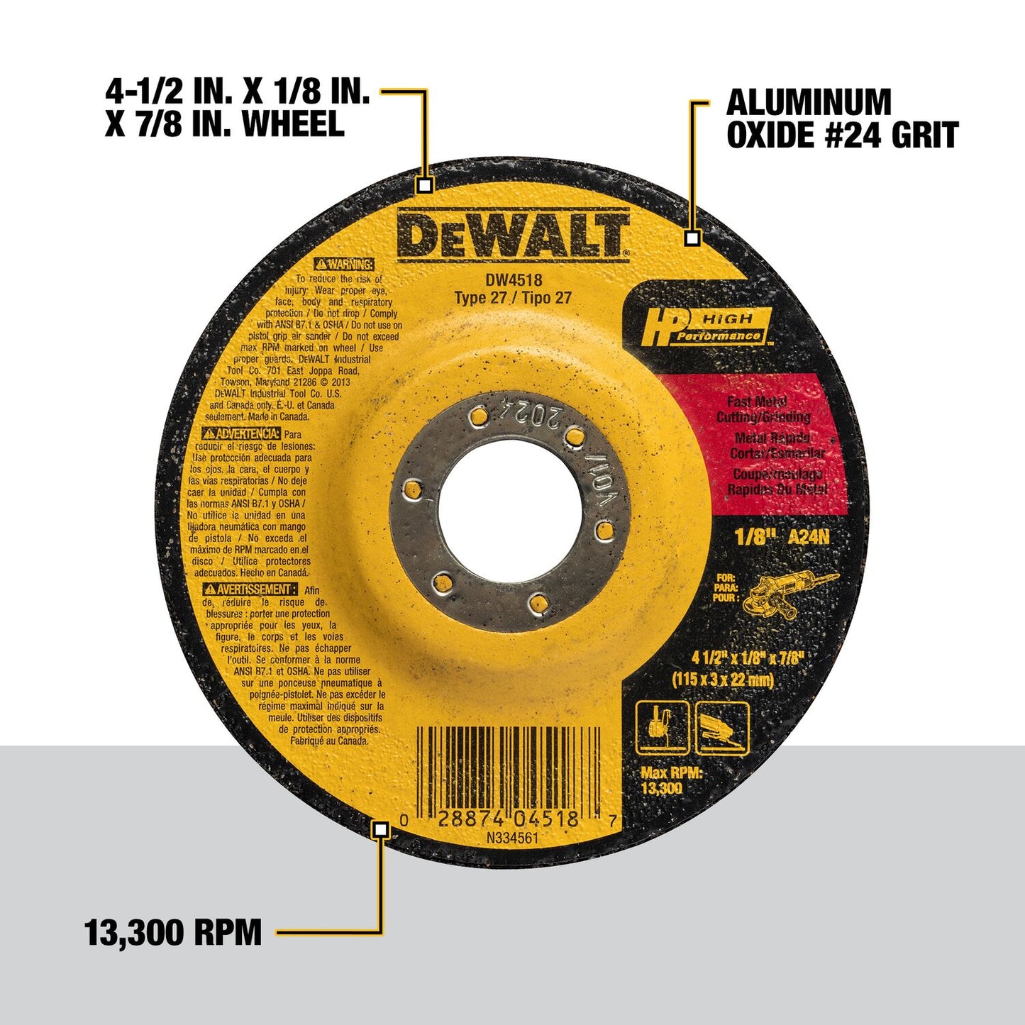 DeWalt DW4518, 4-1/2'' X 1/8'' Metal Cutting Wheel