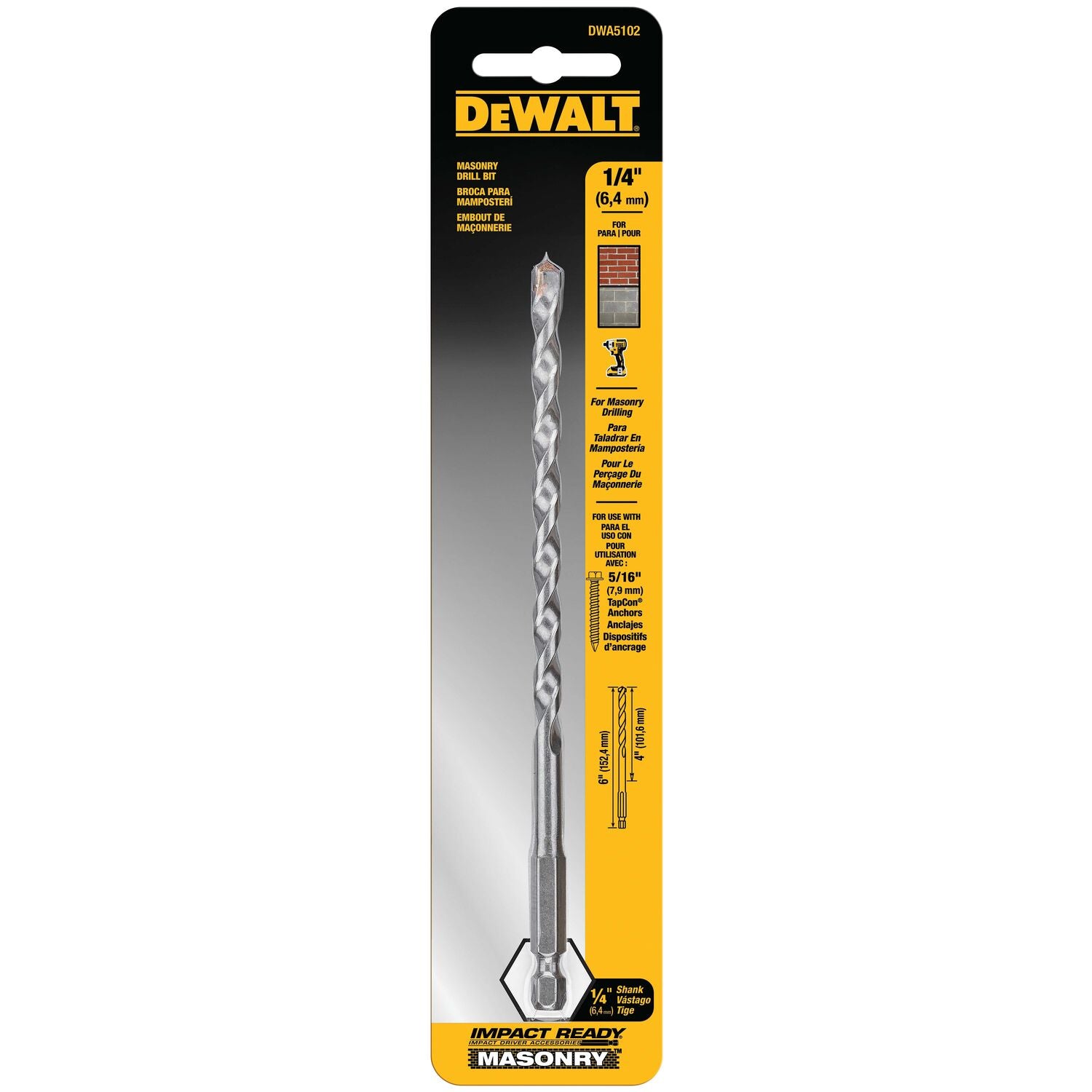 DEWALT DWA5102, Impact Ready Masonry Bit 1/4 x 4 x 6