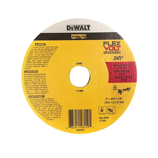 DEWALT DWAFV850451, 5'' x .045'' x 7/8'' FLEXVOLT Cut-Off Wheel T1