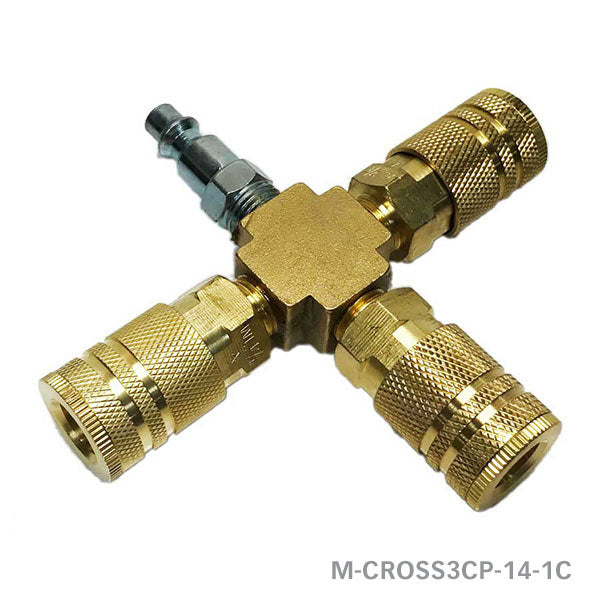 ROLAIR M-CROSS3CP-14-1C, 3 WAY CROSS MANIFOLD(1/4" NPT) WITH 3 INDUSTRIAL COUPLERS, PLUG