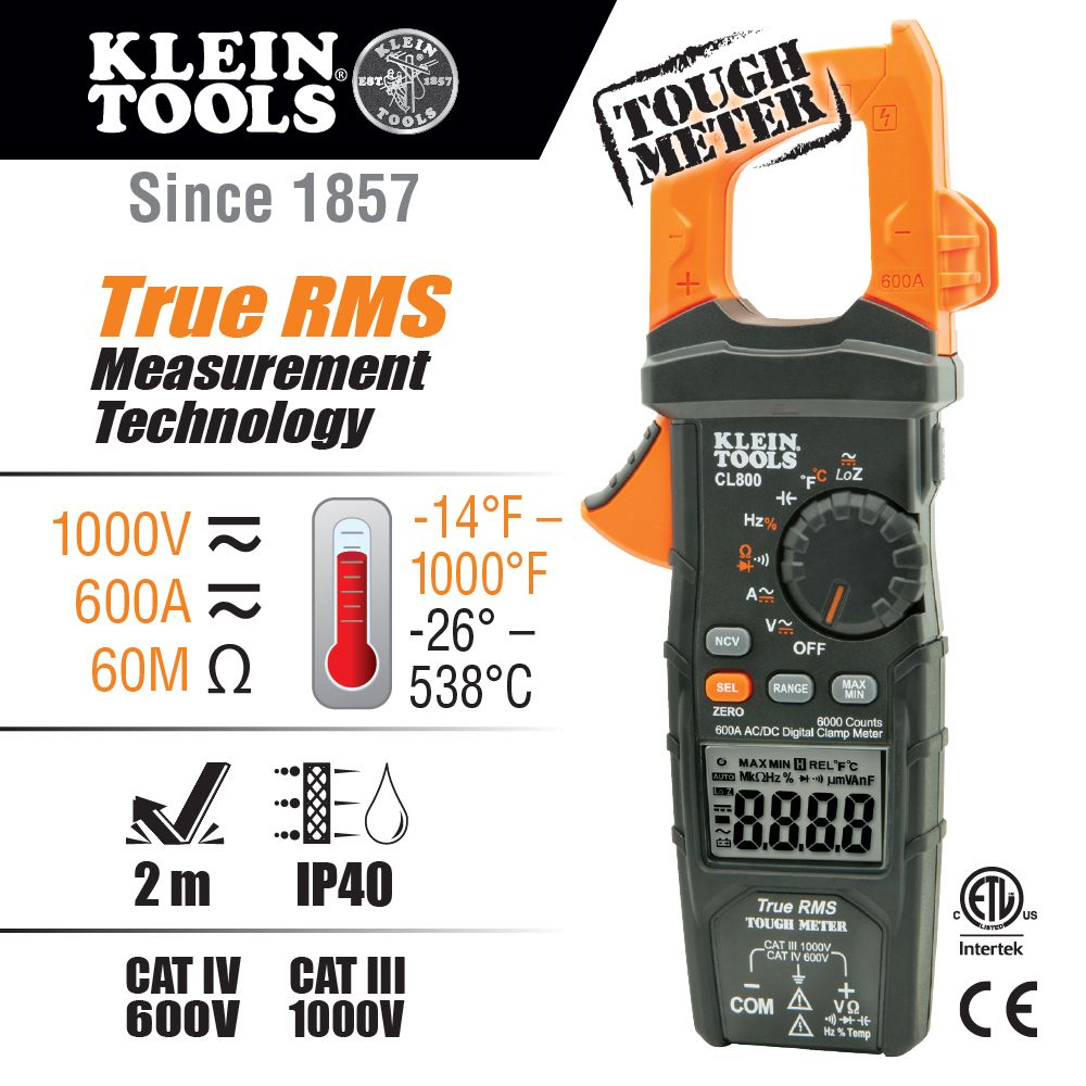 Klein Tools CL800, Digital Clamp Meter, AC Auto-Range TRMS, Low Impedance (LoZ), Auto Off