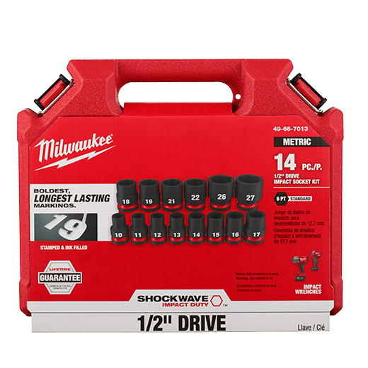 Milwaukee 49-66-7013, 1/2" Drive SHOCKWAVE Impact Duty Metric Standard 6 Point Socket Set - 14 Piece