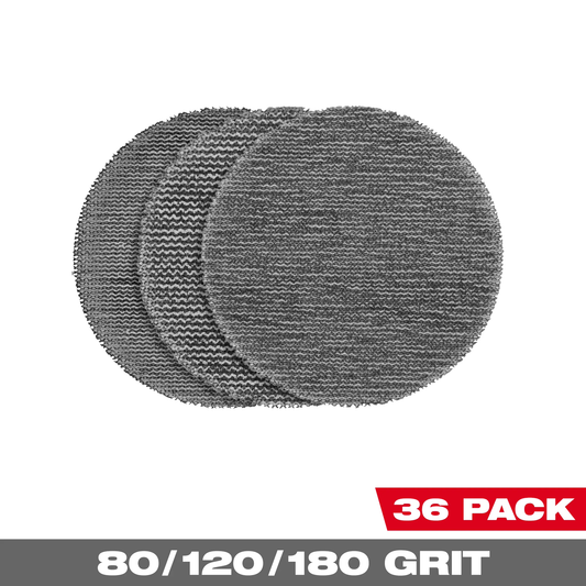 Milwaukee 48-80-6406, 3” Assorted 80, 120, 180 Grit Mesh Sanding Discs with POWERGRID™ Tear Resistant Mesh – 36 pk + 3 Pad Savers