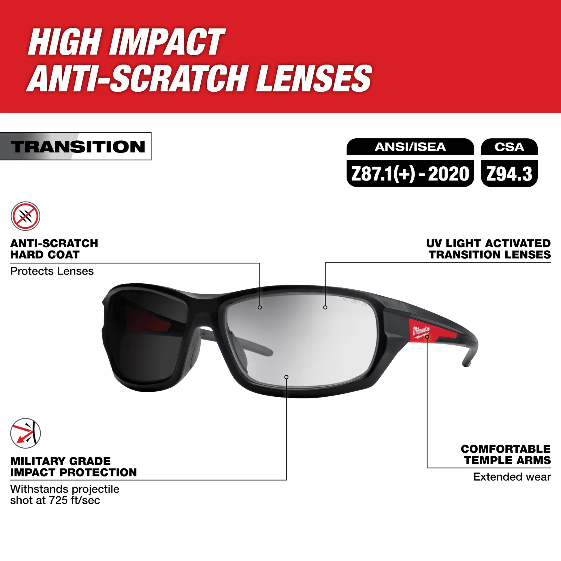 Milwaukee 48-73-2128, Transition Performance Safety Glasses - Anti-Scratch Lenses