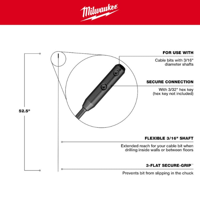 Milwaukee 48-13-8118, 3/16” x 50-1/2″ x 52-1/2″ Flexible Cable Bit Extension