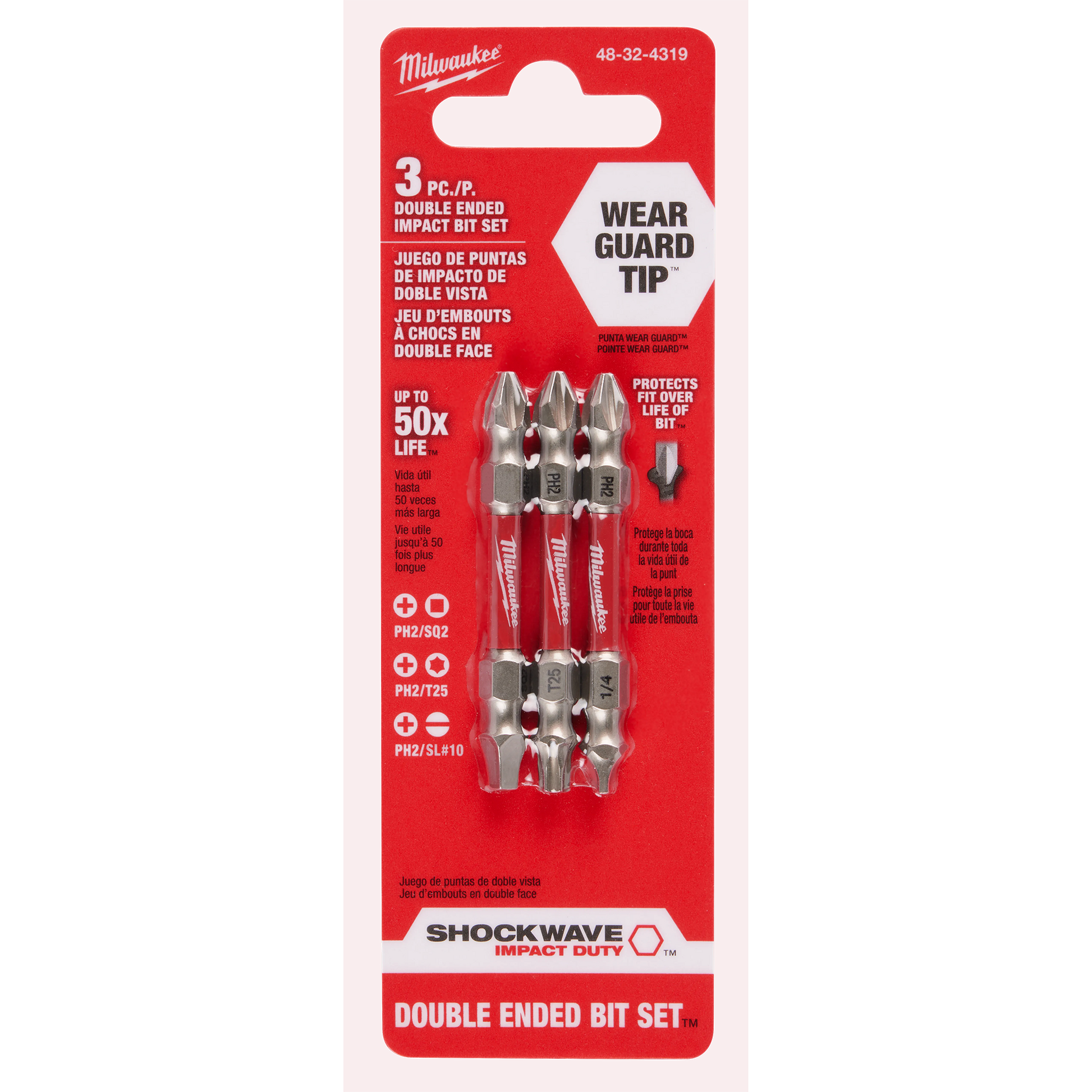 Milwaukee 48-32-4319, SHOCKWAVE Impact Duty™ PH2/SQ2/T25 Double Ended Bits 3PC