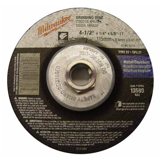 Milwaukee 49-94-4515, 4-1/2" x 1/4" x 5/8-11" Grinding Wheel, Type 27 (5/pkg)