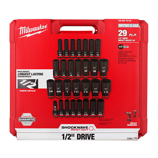 Milwaukee 49-66-7016, 1/2" Drive SHOCKWAVE Impact Duty SAE & Metric Deep 6 Point Socket Set - 29 Piece