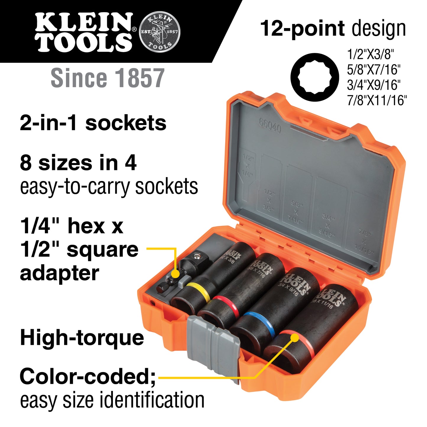 Klein Tools 66040, 2-in-1 Impact Socket Set, 12-Point, 5-Piece
