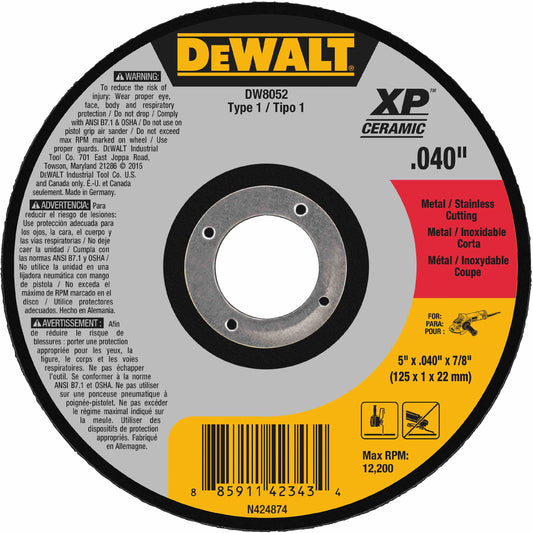 DEWALT DW8052, 5'' x .040'' x 7/8'' Type 1 Metal / Stainless Cutting Wheel